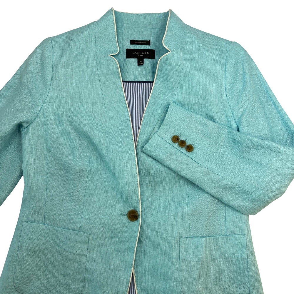 New Talbots Aberdeen Light Blue Linen Blazer Jacket White Piping Petite 4P